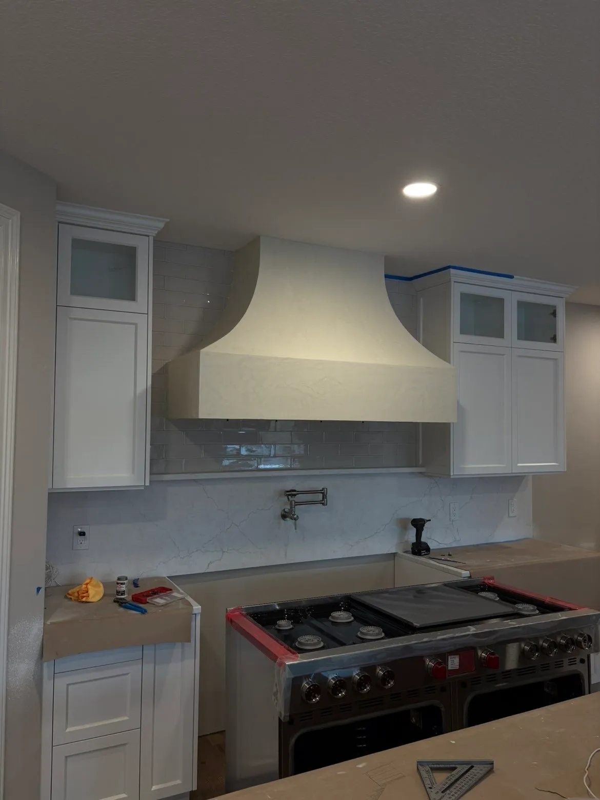 Custom kitchen hood progress photo, Fresco Harmony application in process