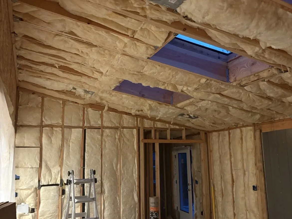 Vaulted room with batts in every wall and rafter bay around two skylights, framed and ready for drywall